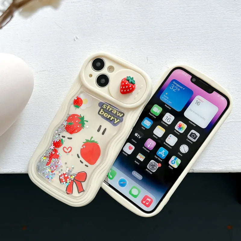 Fruit style quicksand phone case in quicksand peach, all-inclusive TPU design for iPhone, fall protection, cartoon elements.