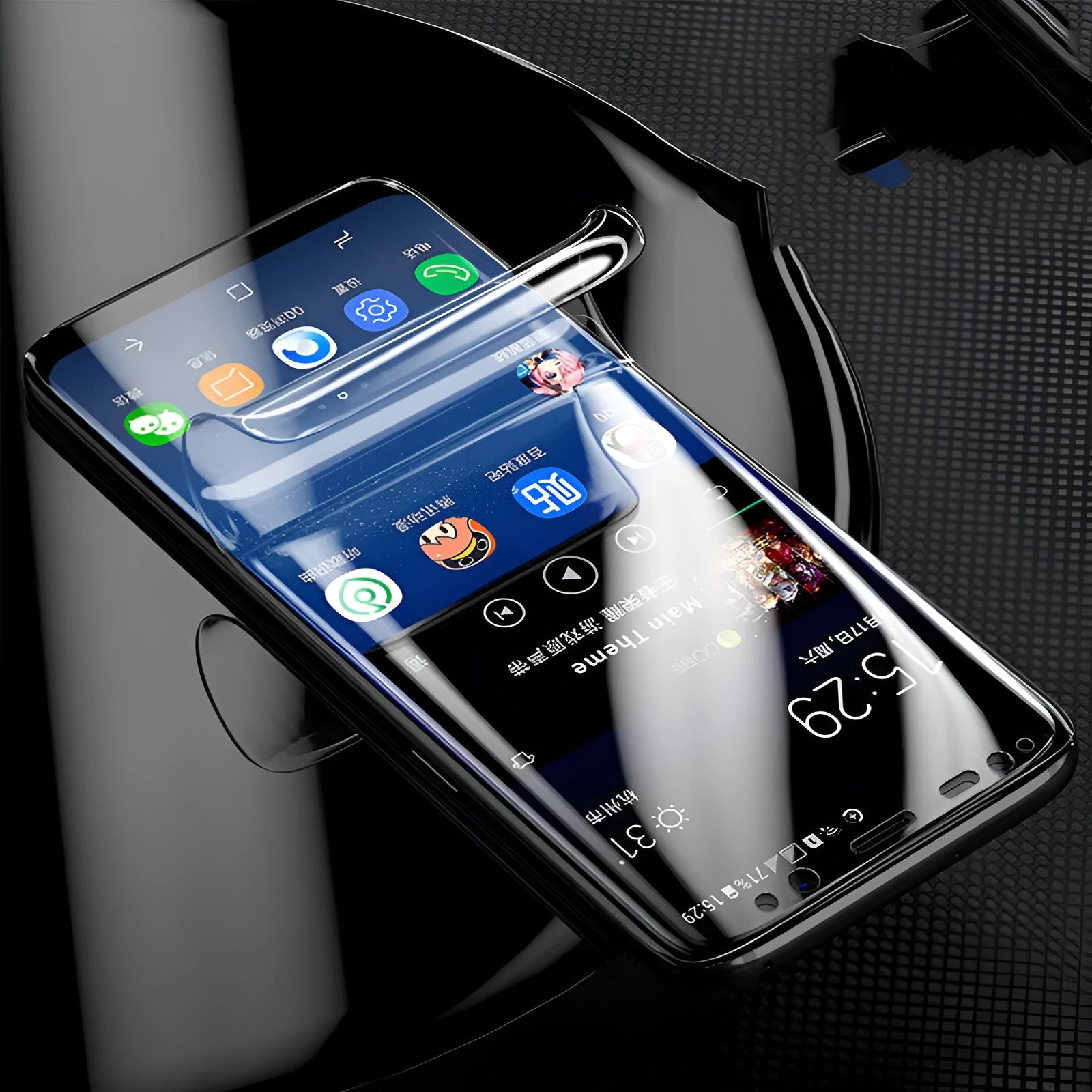 Samsung curved phone hydrogel screen protector in purple packaging with matte finish