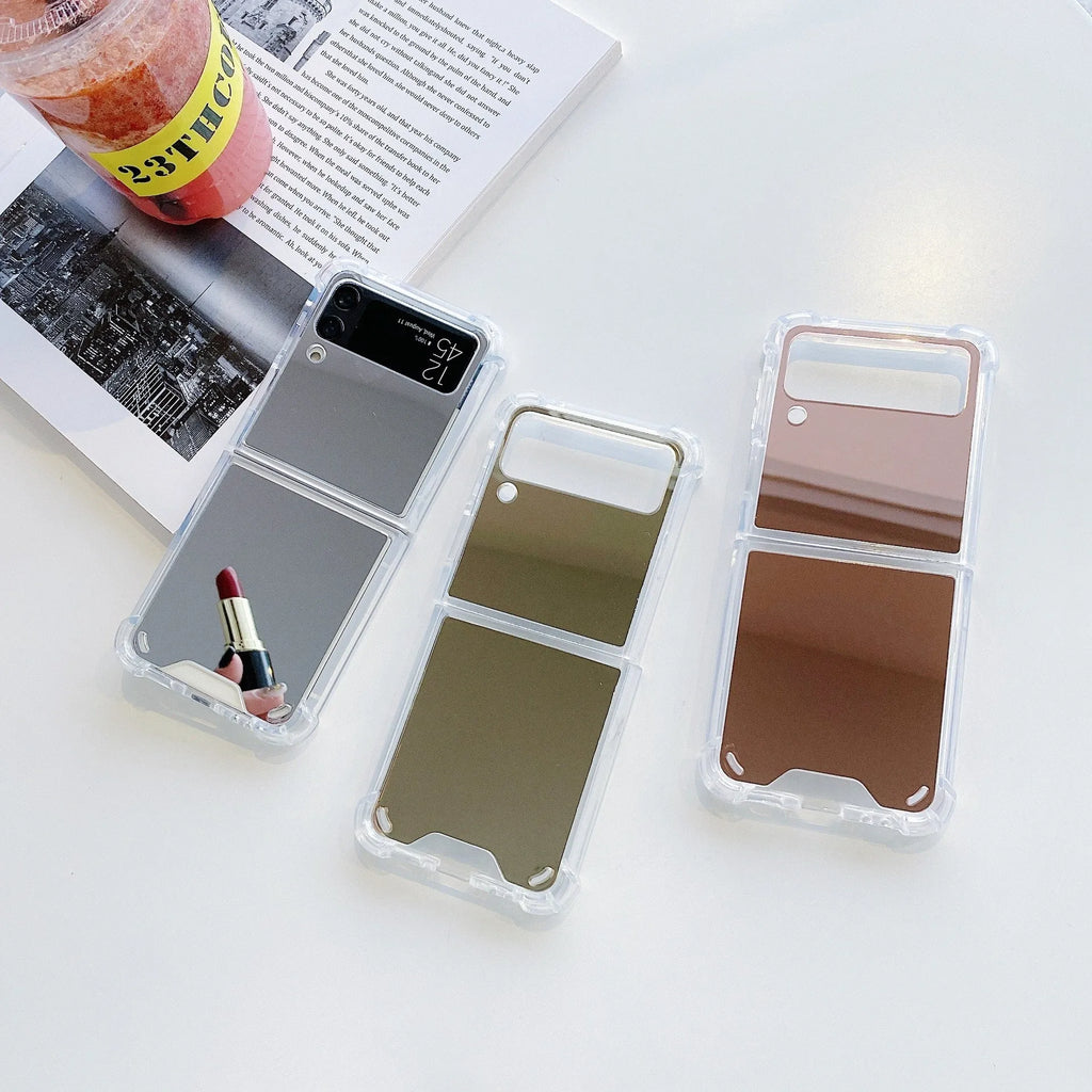 Soft acrylic mirror folding phone case for Samsung Z Flip3 Z Flip4 Z Flip5 in silver, gold, or rose gold