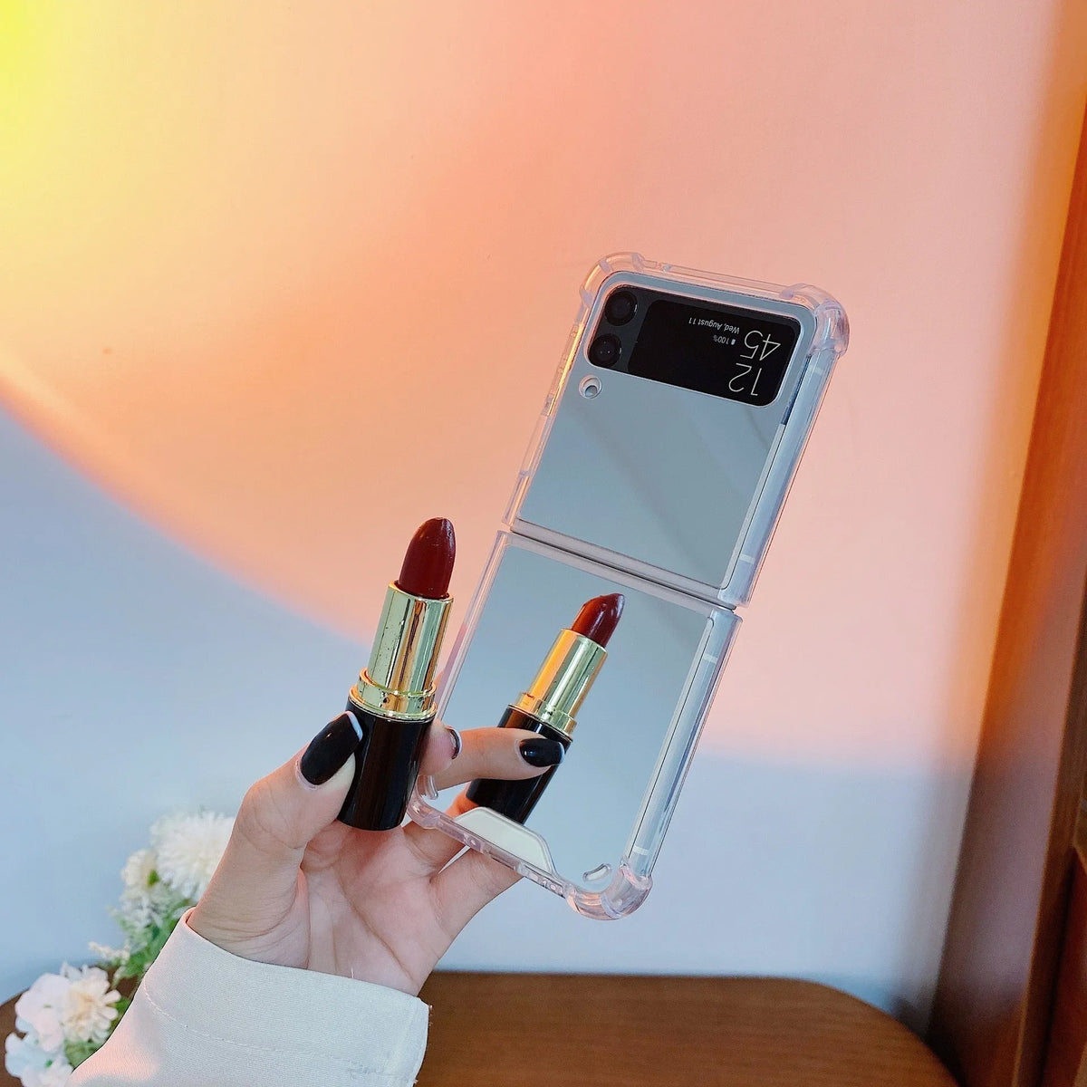Soft acrylic mirror folding phone case for Samsung Z Flip3 Z Flip4 Z Flip5 in silver, gold, or rose gold