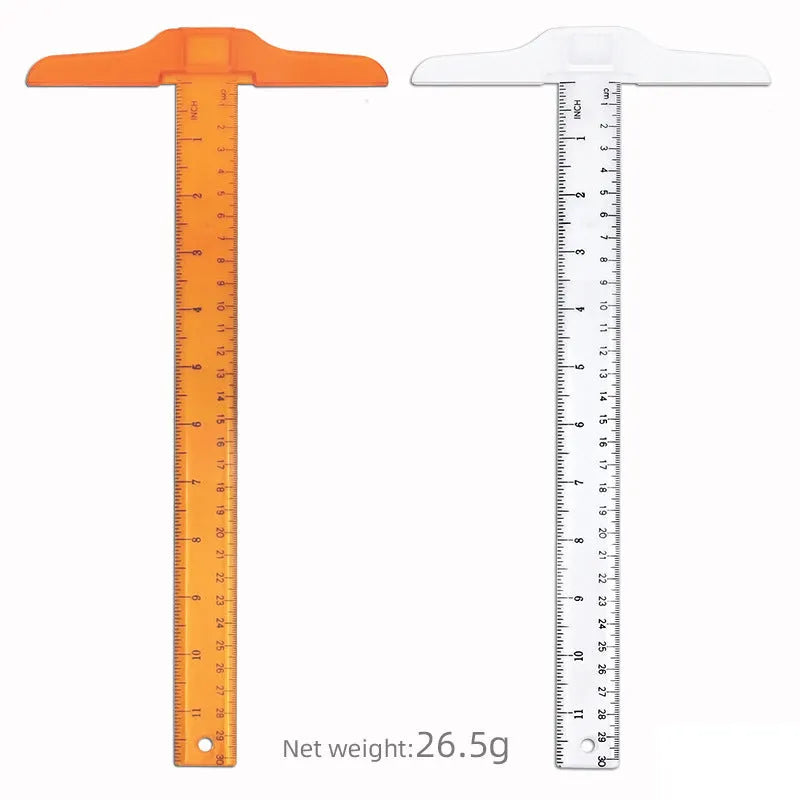 30cm plastic T-shaped ruler for student art supplies in transparent or orange yellow with double centimetre scale