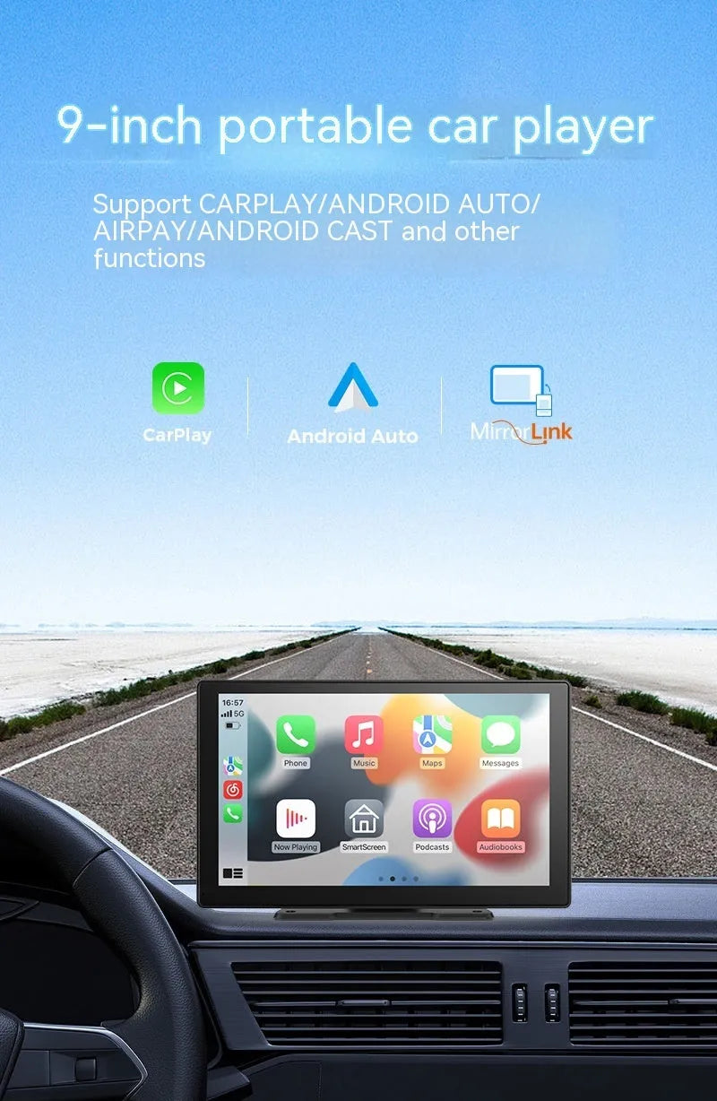 9-inch CarPlay driving recorder with dual lenses for front and rear recording mounted at centre console