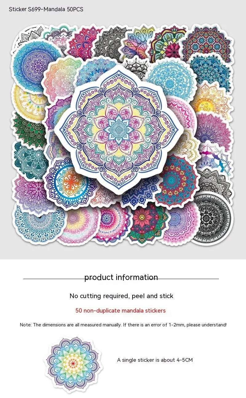 Mandala graffiti sticker set with 50 waterproof 4-5cm decals for phone cases and luggage