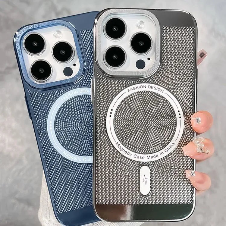 Electroplating magnetic phone case for iPhone models showing heat dissipation design and colour options
