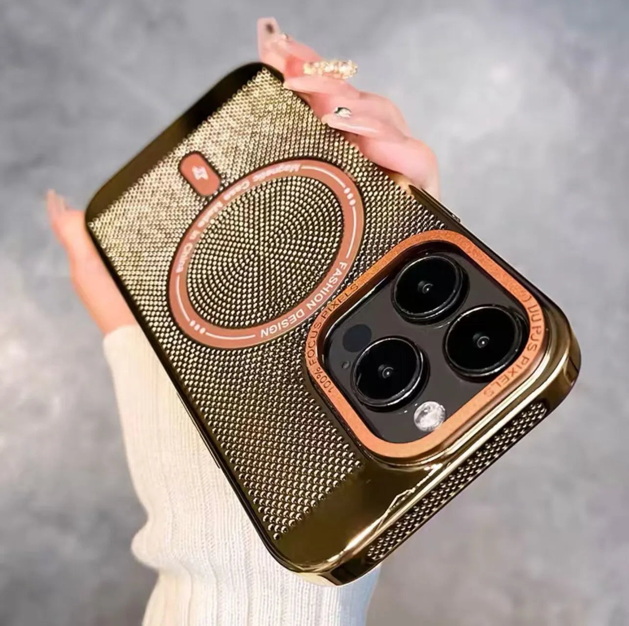Electroplating magnetic phone case for iPhone models showing heat dissipation design and colour options