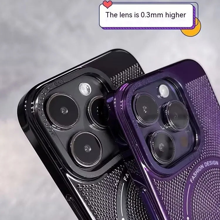Electroplating magnetic phone case for iPhone models showing heat dissipation design and colour options