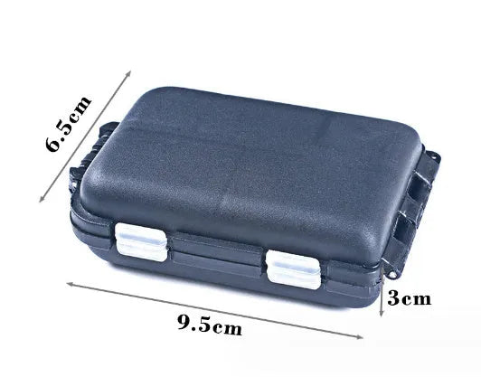 Black plastic storage box with ten internal compartments for fishing tackle.