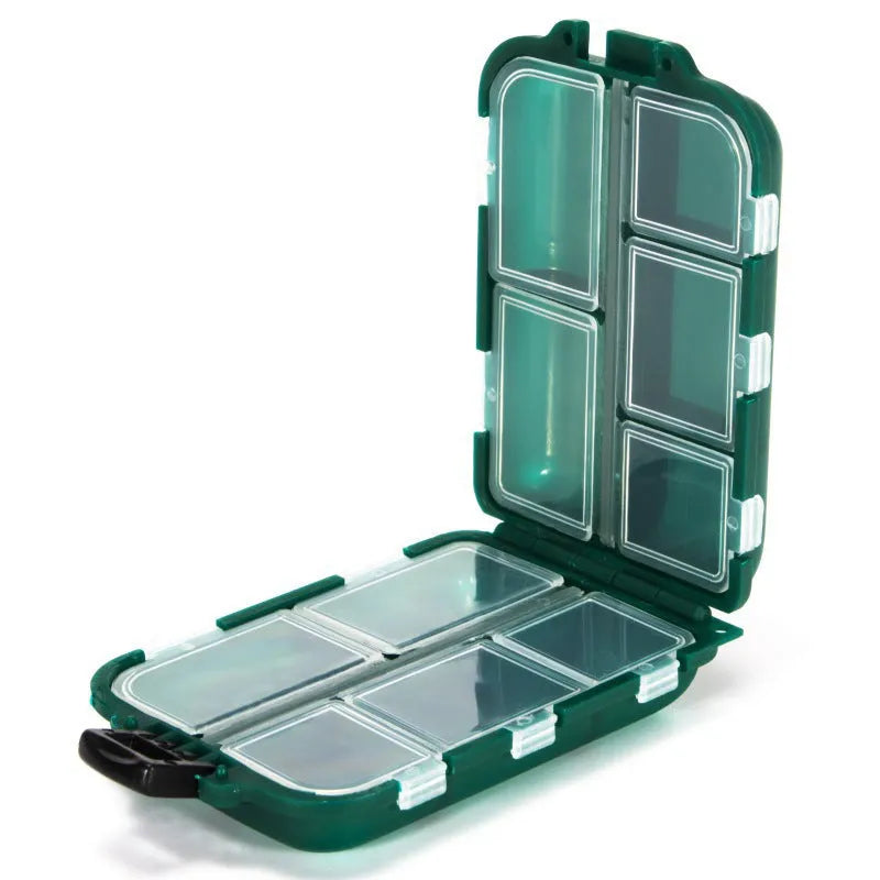 Black plastic storage box with ten internal compartments for fishing tackle.