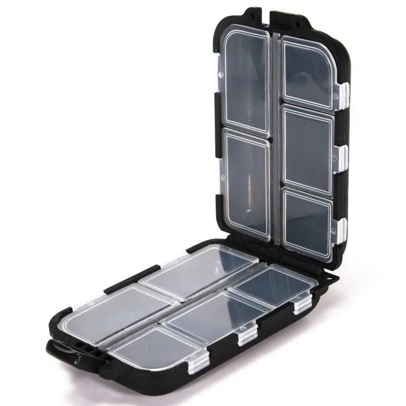 Black plastic storage box with ten internal compartments for fishing tackle.