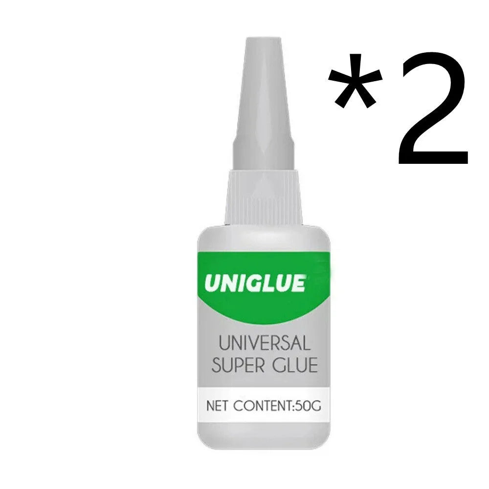 Bottle of Uniglue Universal Super Glue with pinpoint nozzle for precise application.