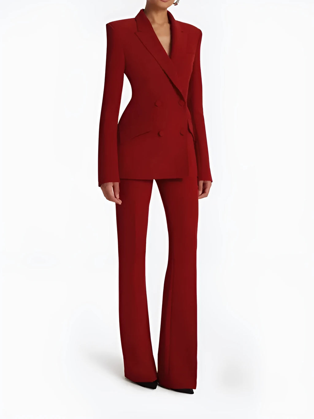 Red double-breasted blazer and matching straight-leg trousers two-piece suit set for women front view