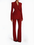 Red double-breasted blazer and matching straight-leg trousers two-piece suit set for women front view