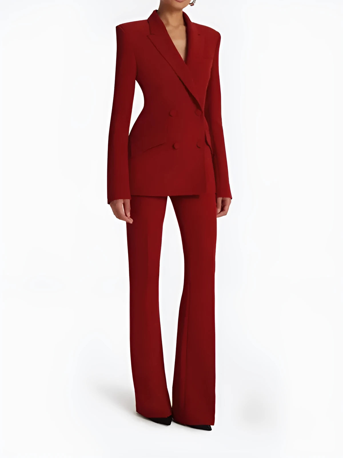 Red double-breasted blazer and matching straight-leg trousers two-piece suit set for women front view