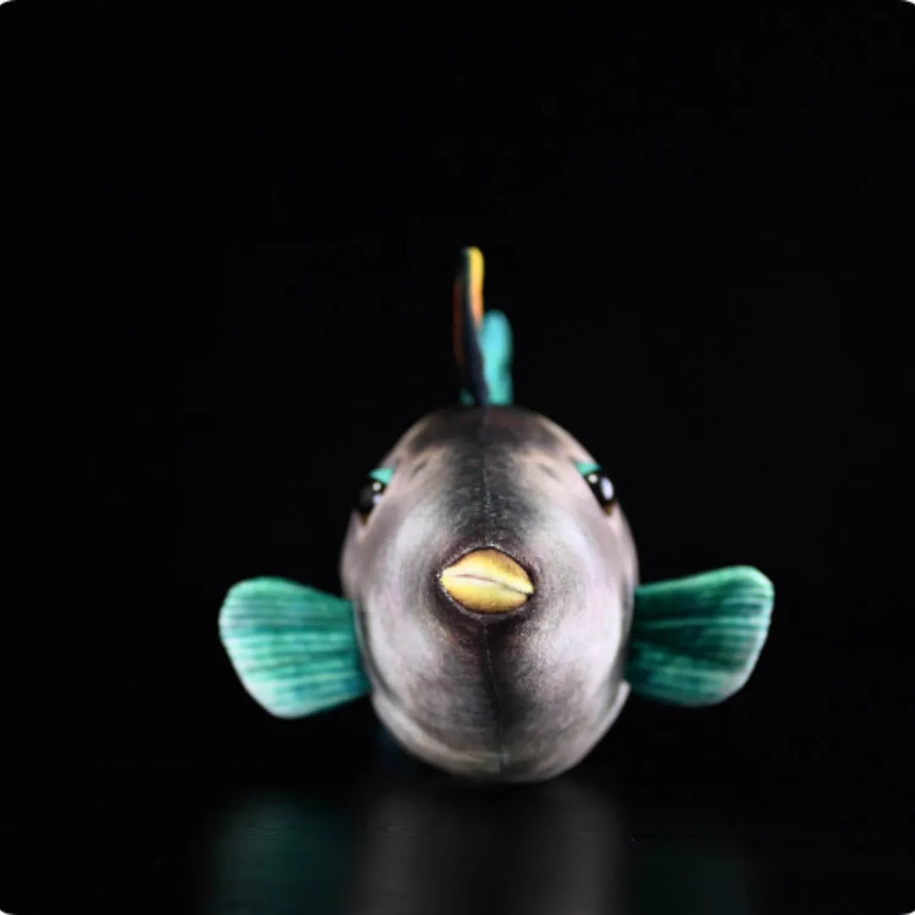 Simulation green fin pufferfish plush toy 42cm flannel doll on white background