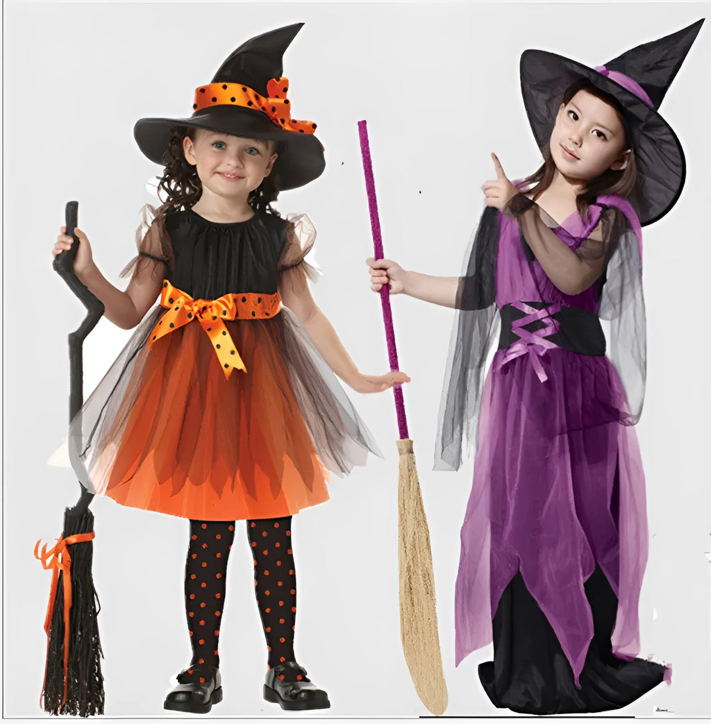 Child's purple and yellow witch costume with bat and broom designs, made from linen-blend fabric.