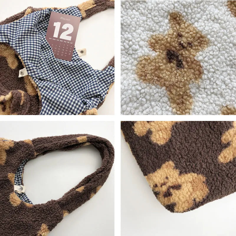 Cute bear print polyester shoulder bag in beige with soft handle and square vertical section shape