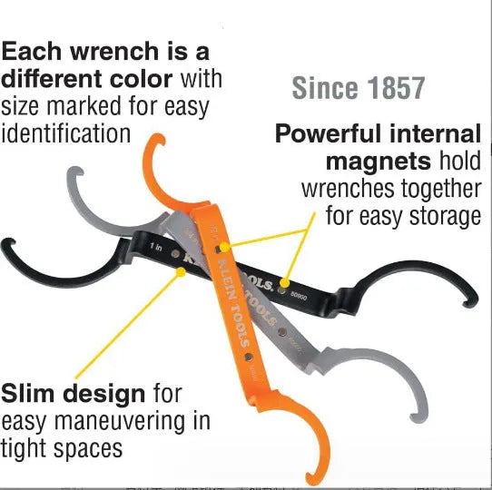 Three magnetic crescent wrenches with orange, grey and black handles showing suction and locking features