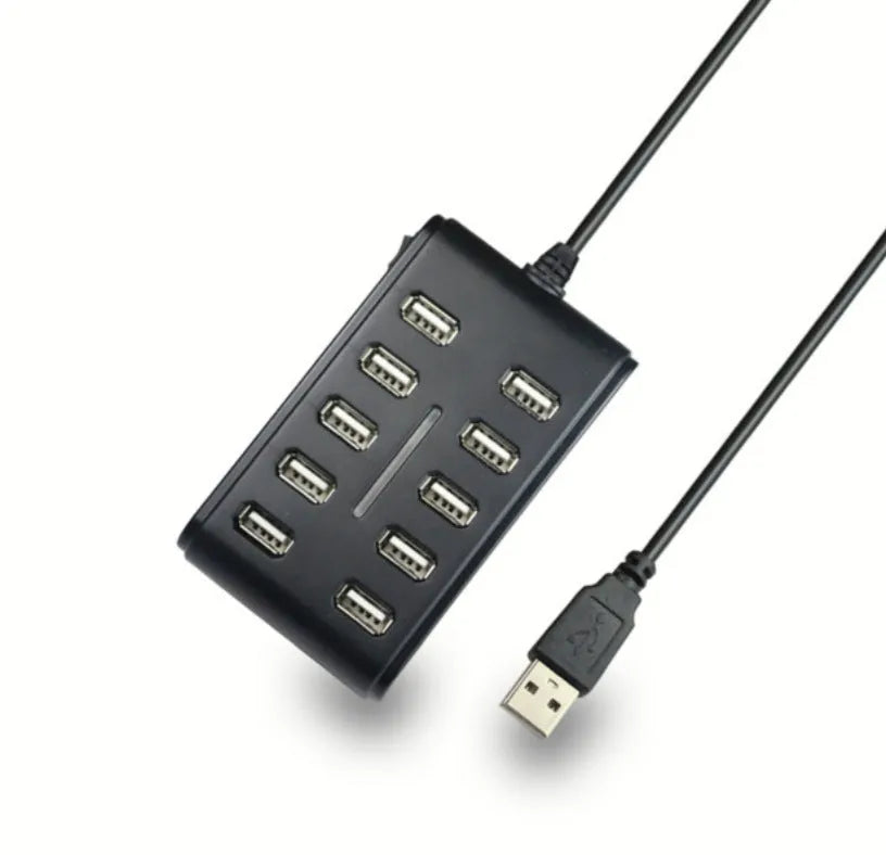 10-port USB 2.0 hub with double-row layout and working indicator light, 5V 500mA