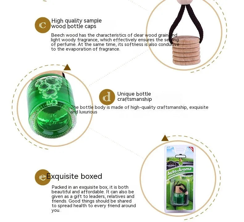 Glass bottle car air freshener hanging ornament showing six fragrance options: lavender, lemon, apple, strawberry, ocean, and floral