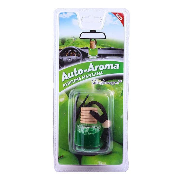 Glass bottle car air freshener hanging ornament showing six fragrance options: lavender, lemon, apple, strawberry, ocean, and floral