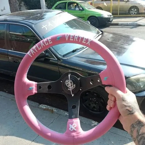 Pink leather steering wheel cover with lightning bolt embroidery and aluminium bracket, 13-inch diameter