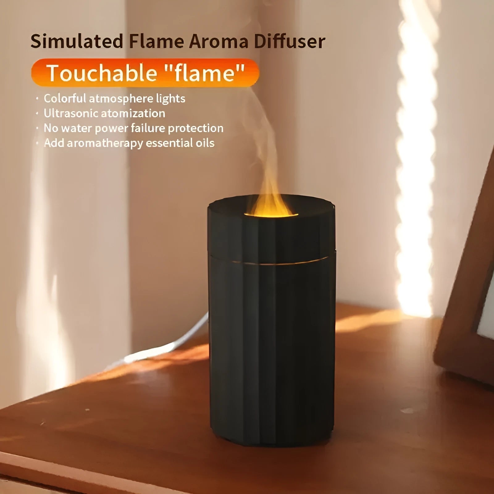 Black and white aromatherapy diffuser with LED flame effect and 100ml water tank for essential oils