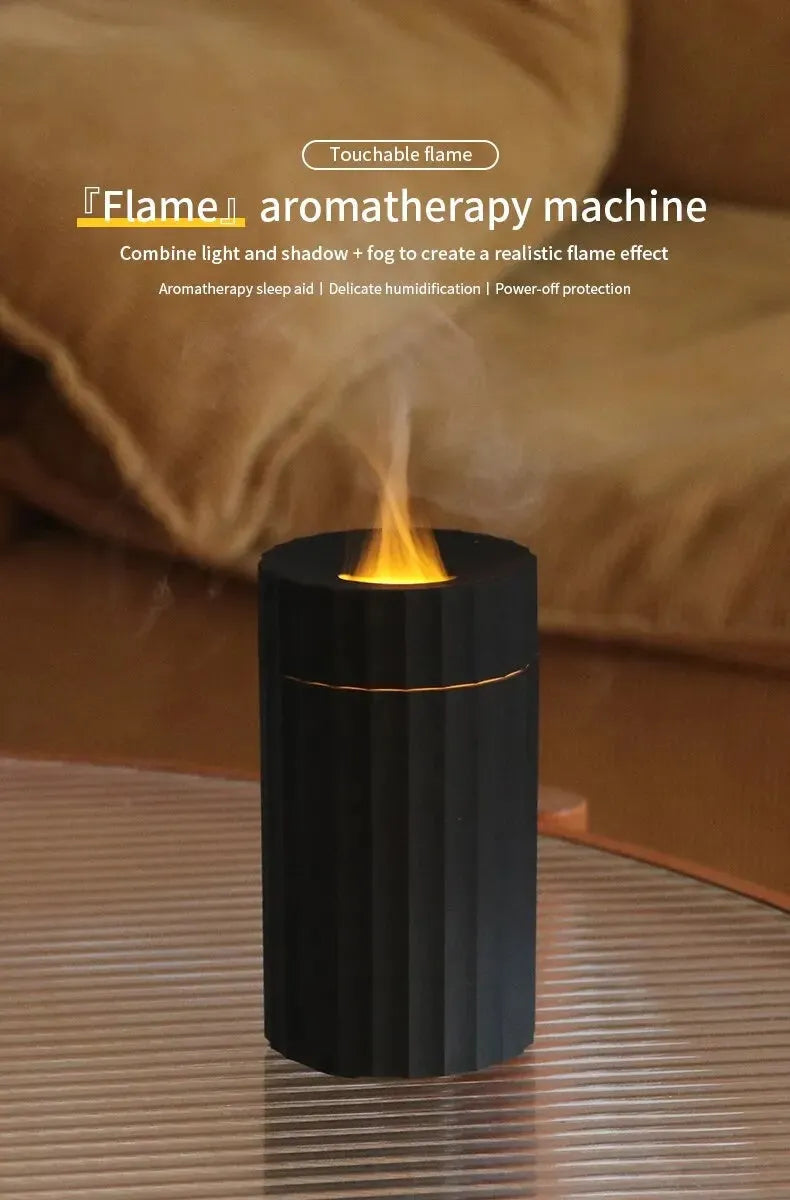 Black and white aromatherapy diffuser with LED flame effect and 100ml water tank for essential oils