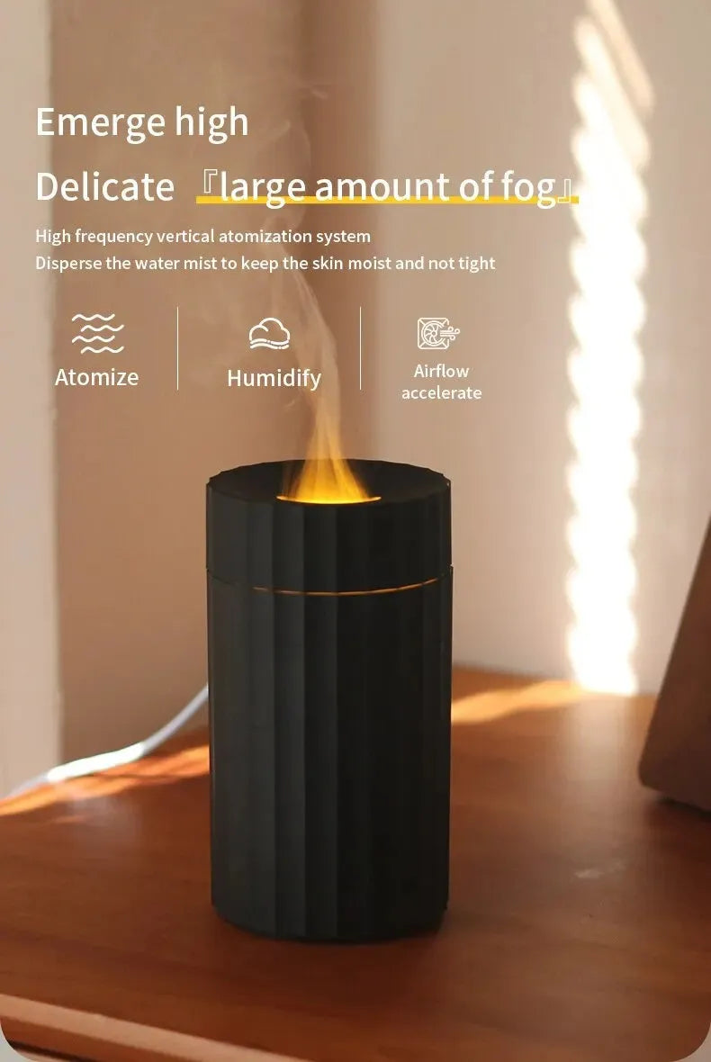 Black and white aromatherapy diffuser with LED flame effect and 100ml water tank for essential oils