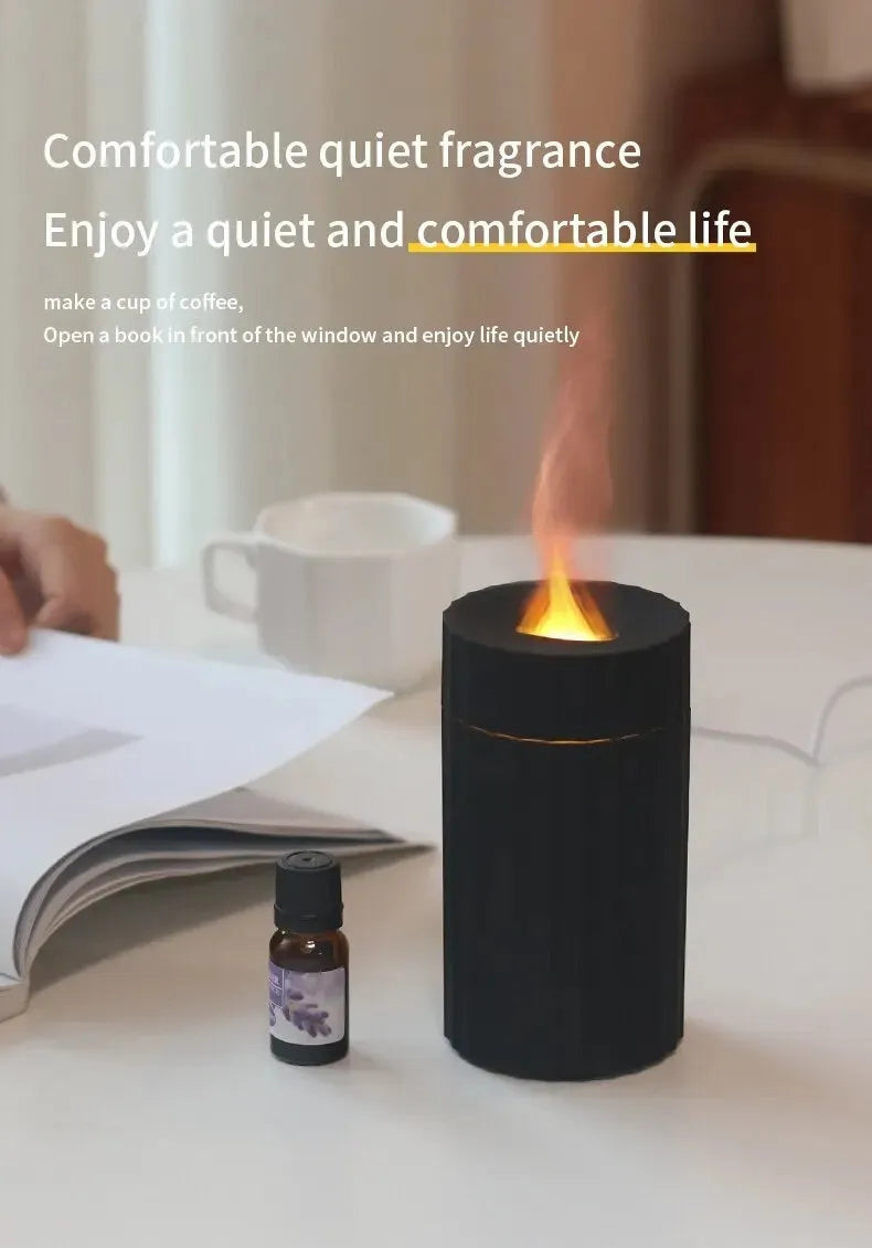 Black and white aromatherapy diffuser with LED flame effect and 100ml water tank for essential oils