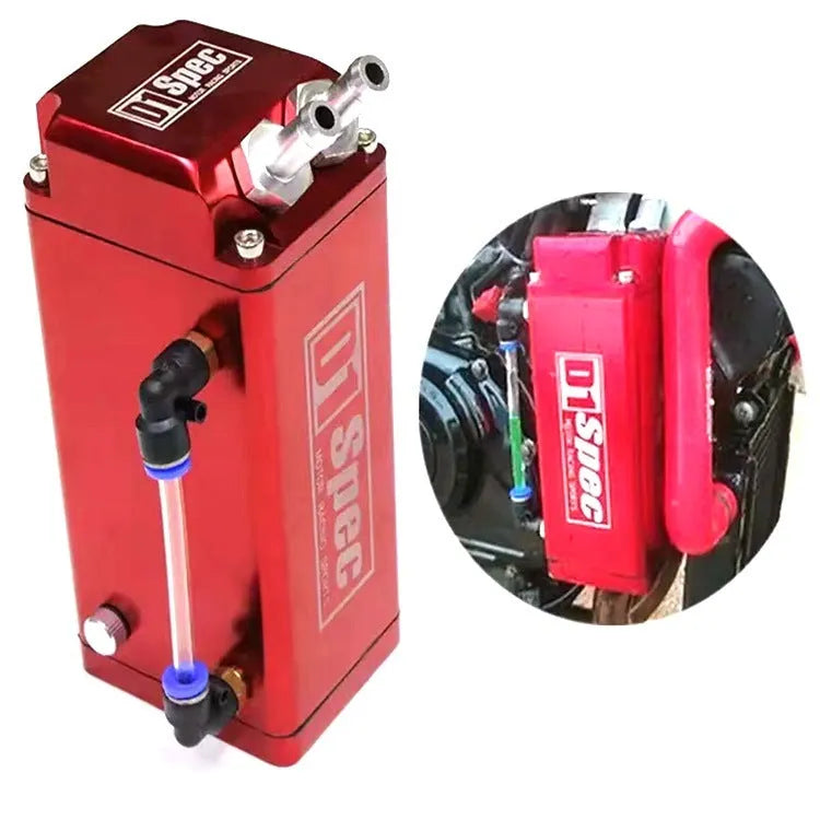 Metal car engine oil catch tank in red, blue, black, and silver colour options for modified vehicles.