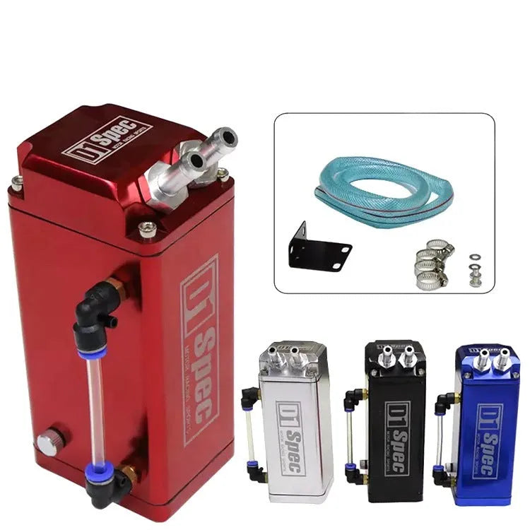 Metal car engine oil catch tank in red, blue, black, and silver colour options for modified vehicles.