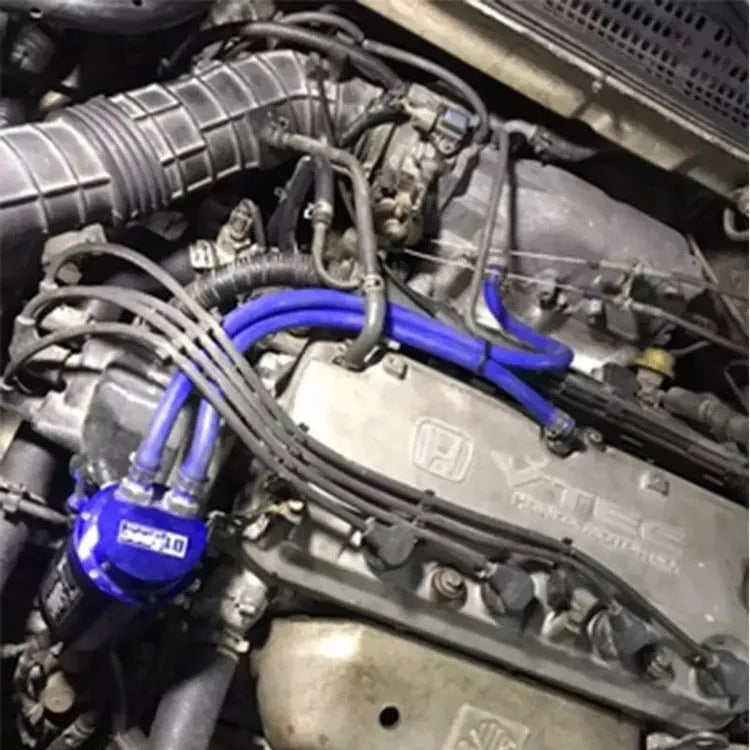 Metal car engine oil catch tank in red, blue, black, and silver colour options for modified vehicles.