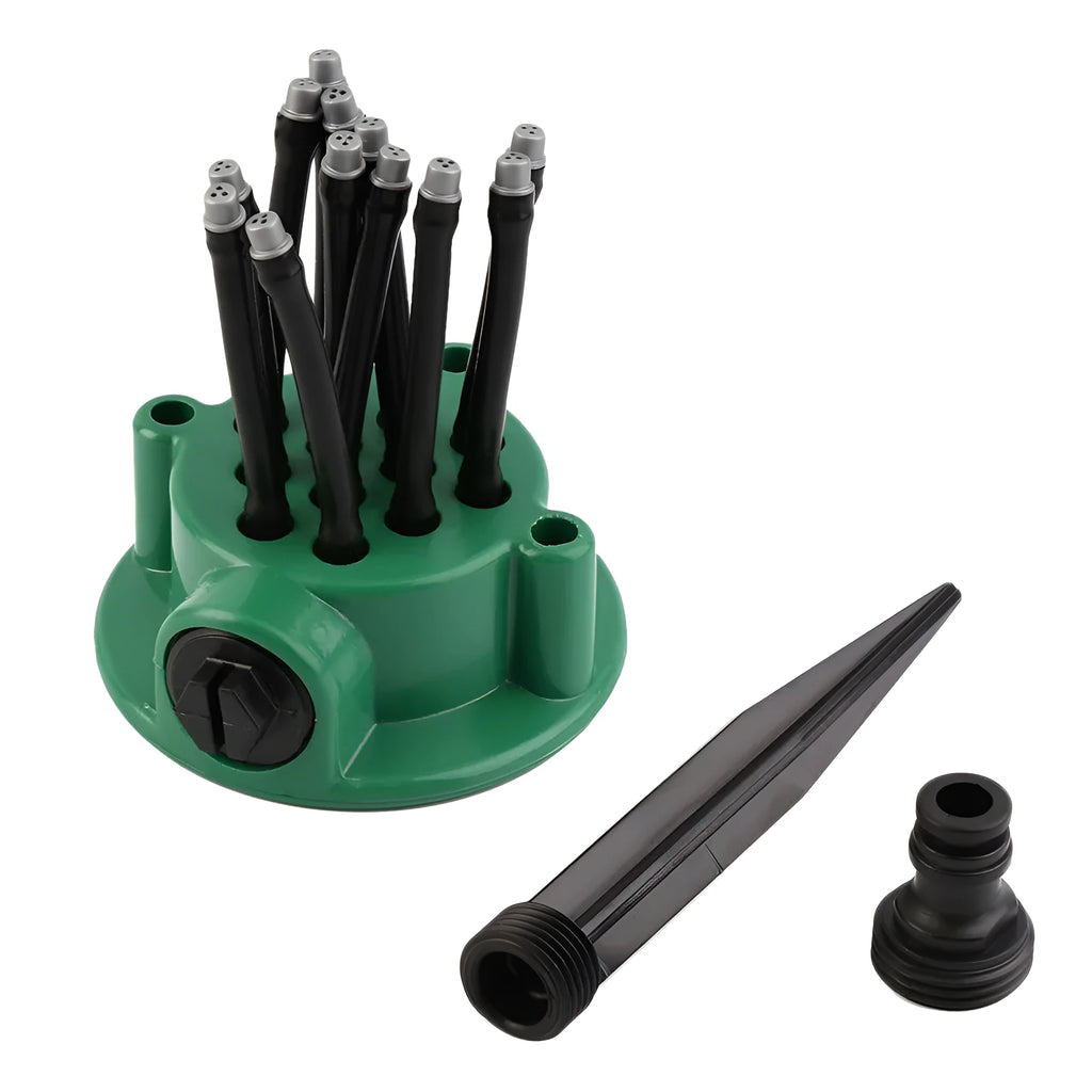 Green adjustable lawn sprinkler with bendable spray arms on a 9cm circular base.