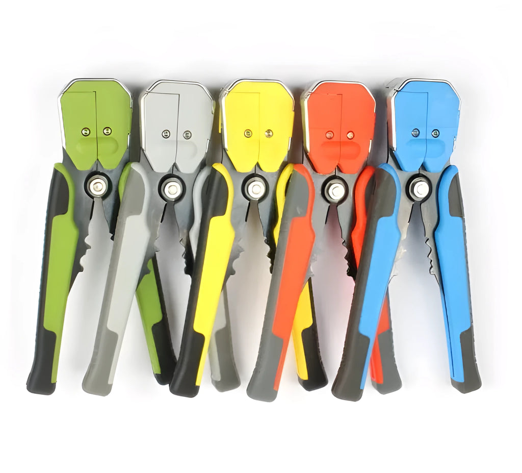 Yellow automatic wire stripper crimping plier multitool with adjustment screw on a workbench.
