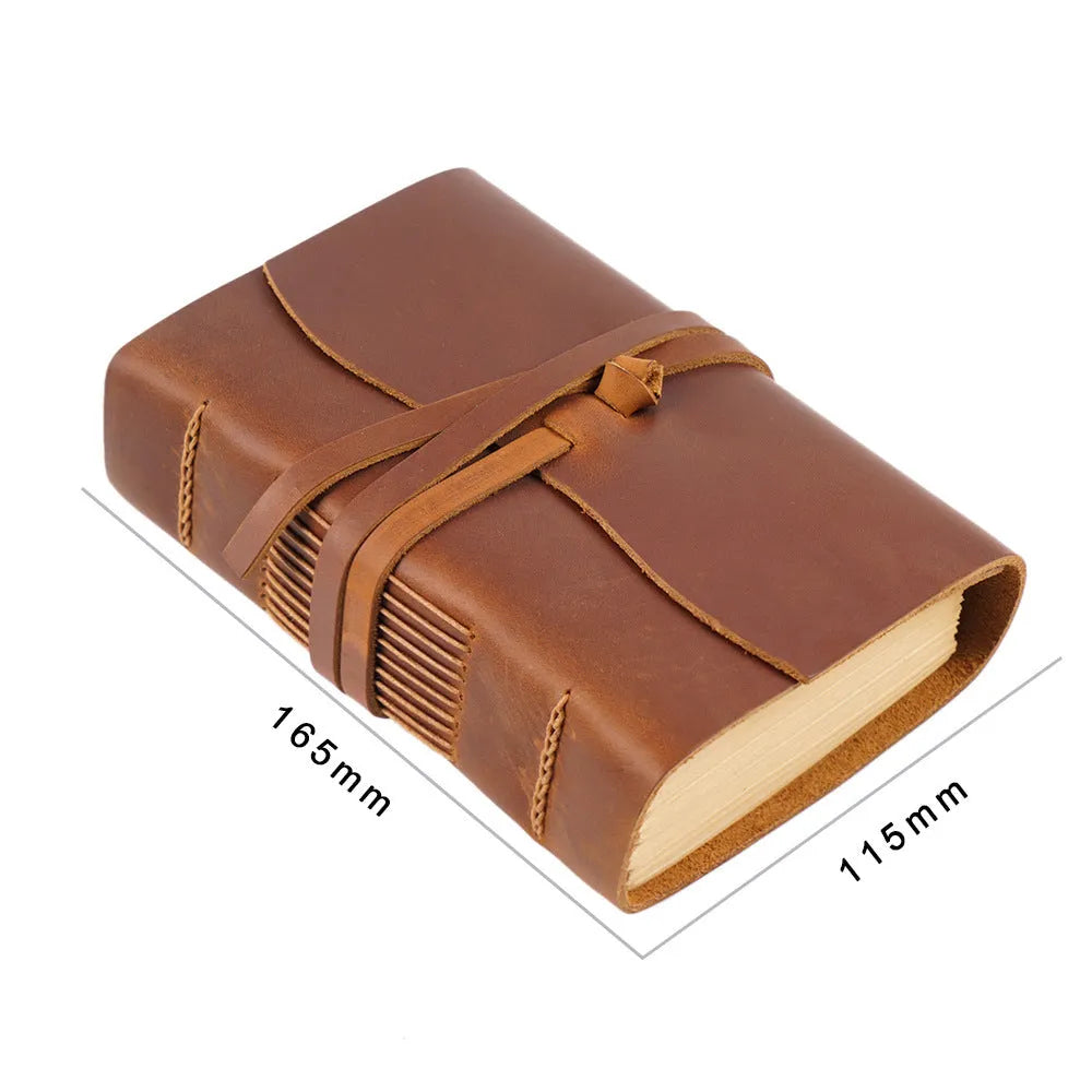 Real leather notebook in crazy horse brown with pure manual binding and 120gsm kraft paper pages measuring 100x155mm