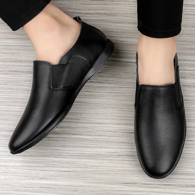 Men's black and brown leather business casual shoes with round toe and genuine cowhide upper