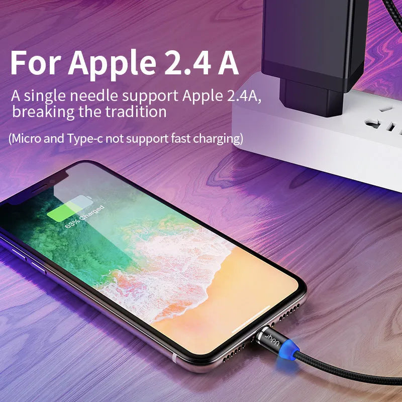 Black magnetic data cable with detachable Apple, Android and Type-C magnetic heads, shown in 1m and 2m lengths.