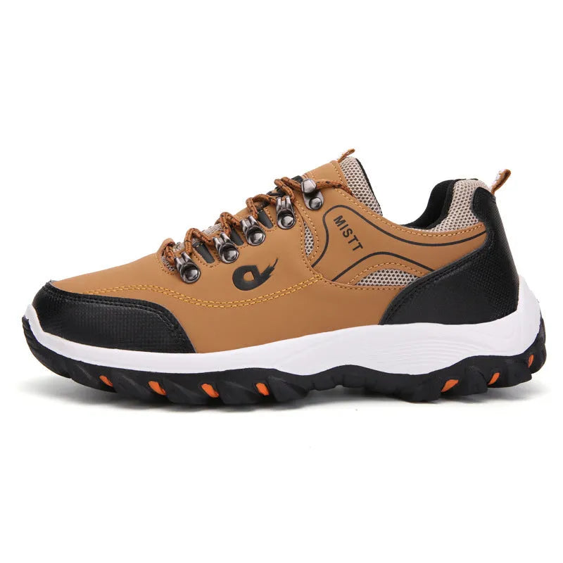 Men's outdoor hiking shoes in black with non-slip rubber outsole and lace-up closure