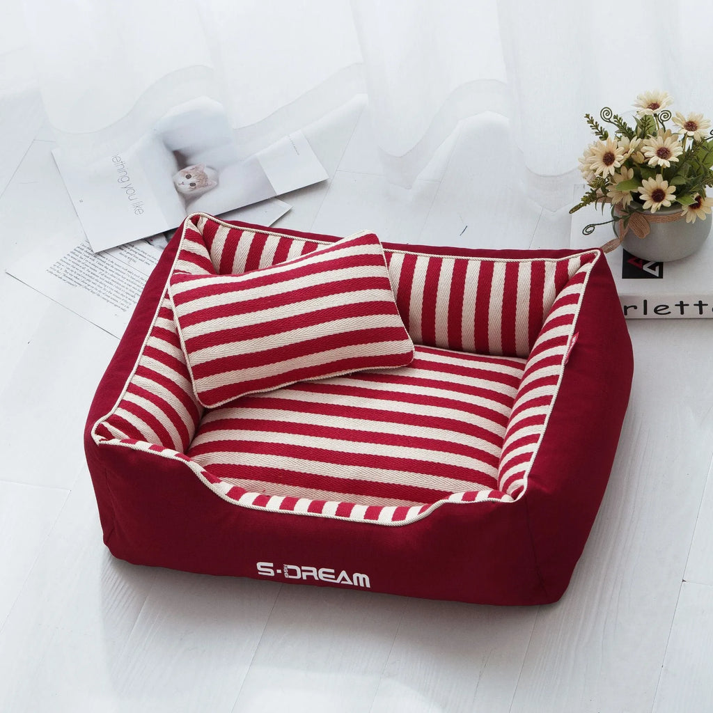 Navy stripes dog kennel mat with removable washable cover and mini pillow in crate