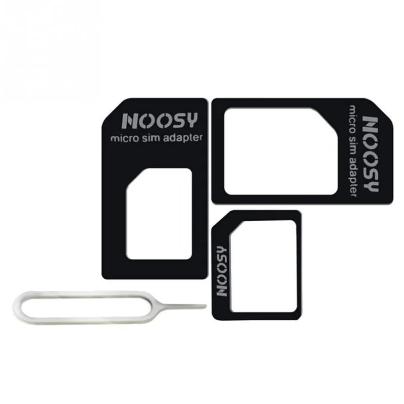 Three-piece SIM card cutting kit with nano SIM trays and micro adapter in black or white