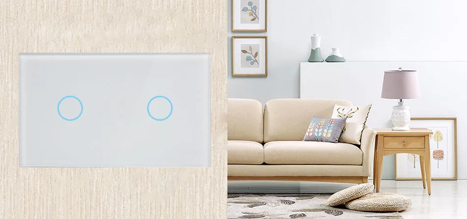 White RF remote control touch wall switch with tempered glass panel and 2-gang configuration
