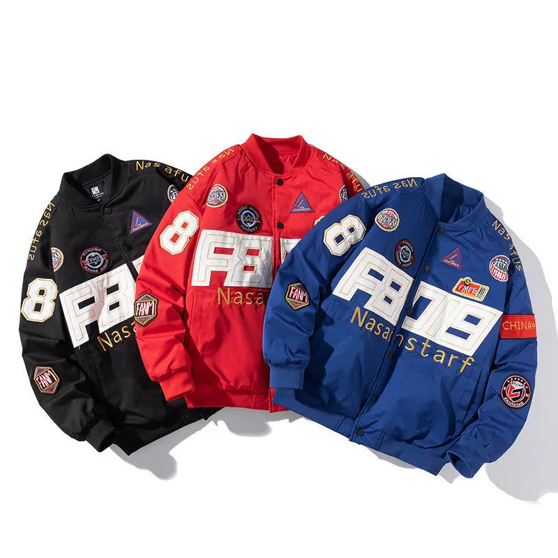 Black loose-fit American motorcycle baseball jacket with side pocket and optional hood