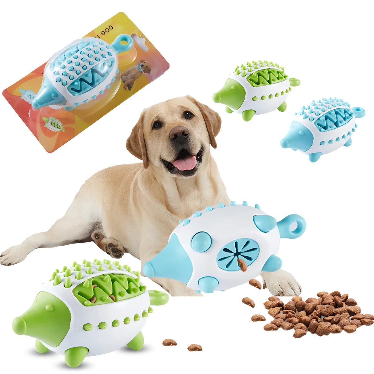 Hedgehog shape dog toy in blue and green for teeth cleaning and food dispensing