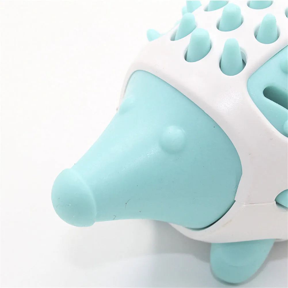 Hedgehog shape dog toy in blue and green for teeth cleaning and food dispensing