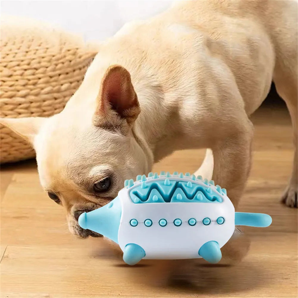 Hedgehog shape dog toy in blue and green for teeth cleaning and food dispensing