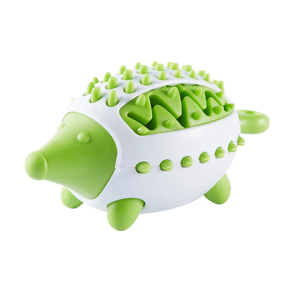 Hedgehog shape dog toy in blue and green for teeth cleaning and food dispensing