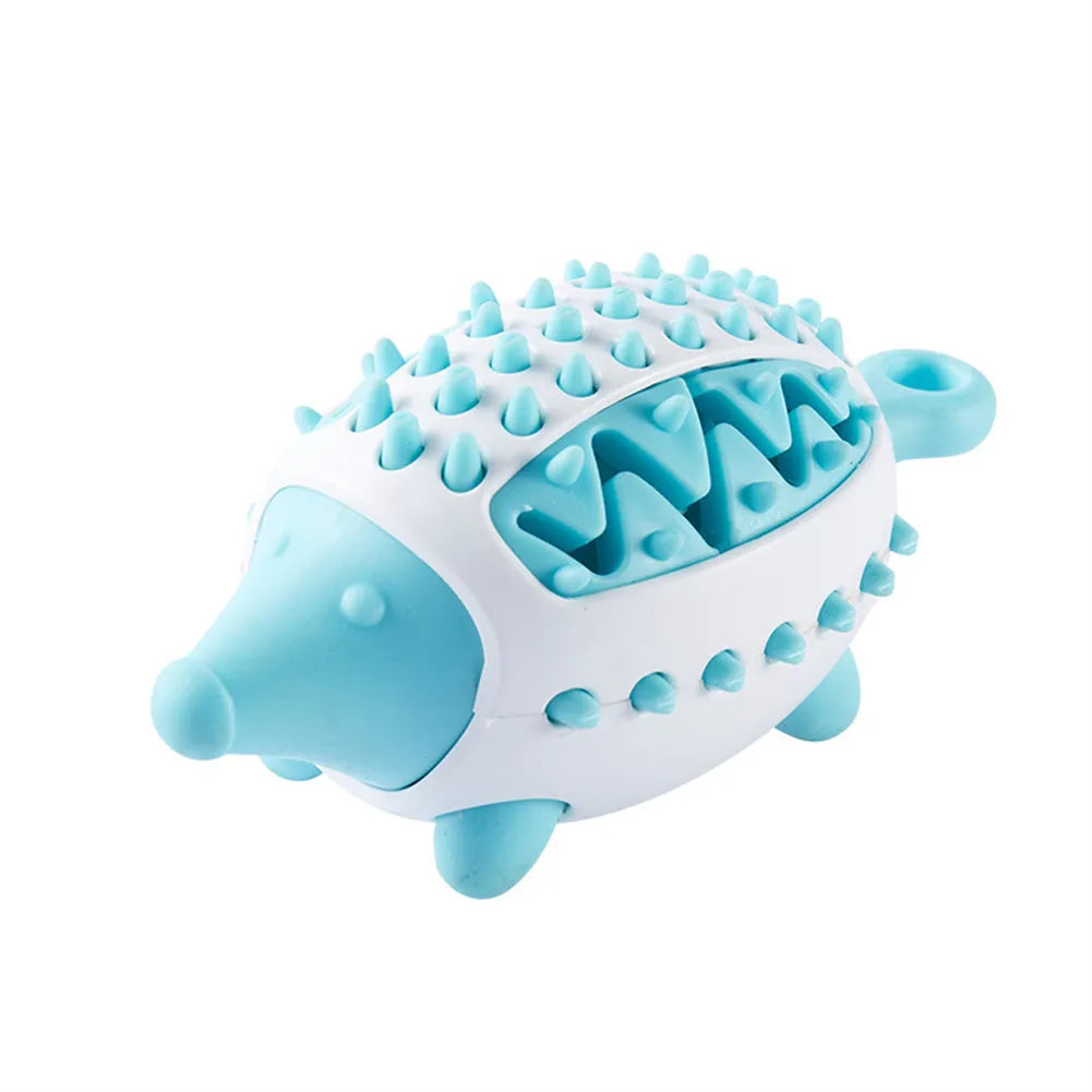 Hedgehog shape dog toy in blue and green for teeth cleaning and food dispensing