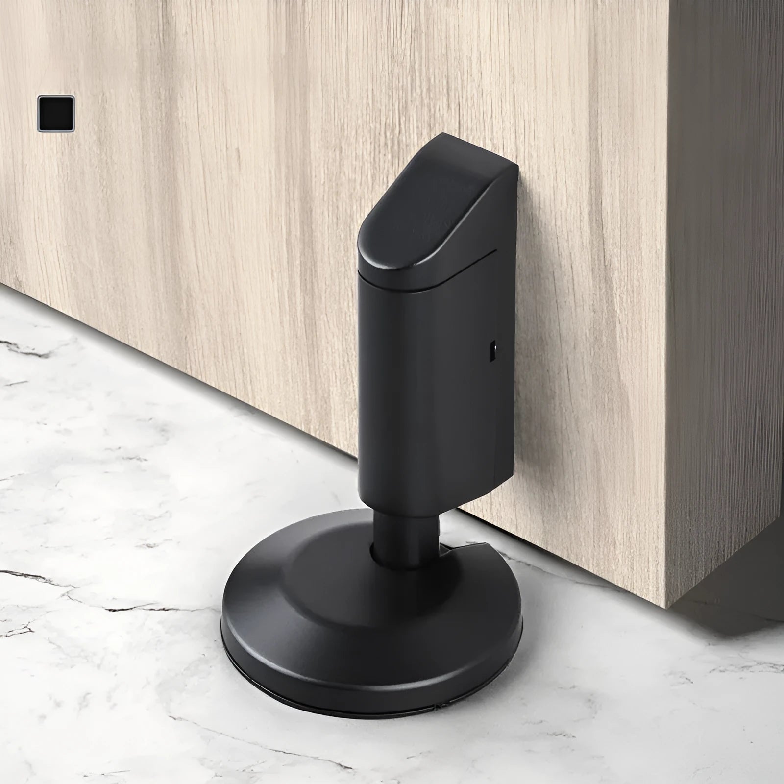 Zinc alloy invisible wedge door stopper in brushed nickel finish on a wooden floor.