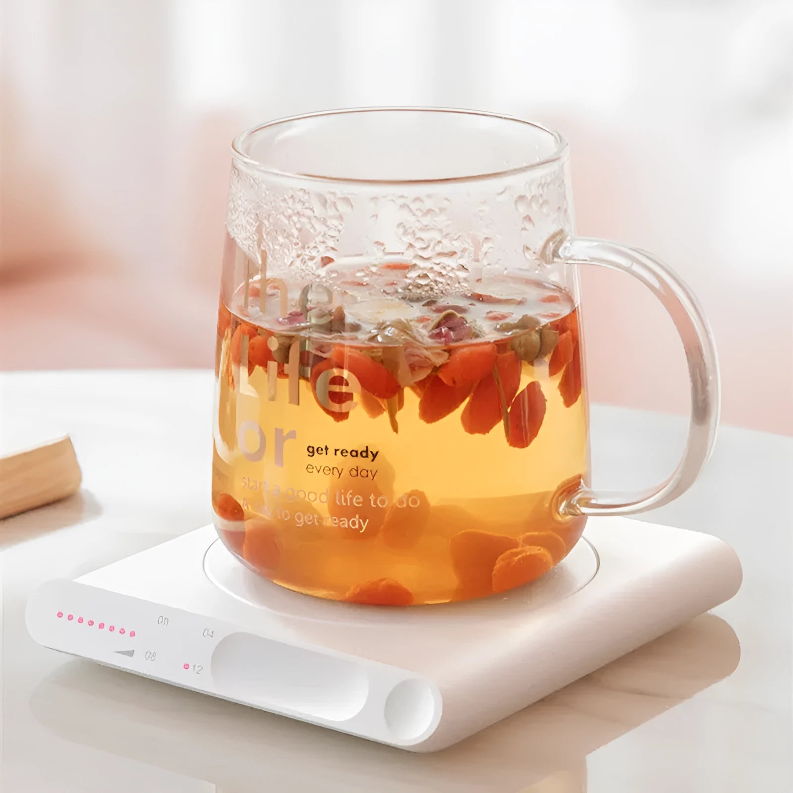 USB powered heating cup pad with mechanical touch controls in pink or white colour options