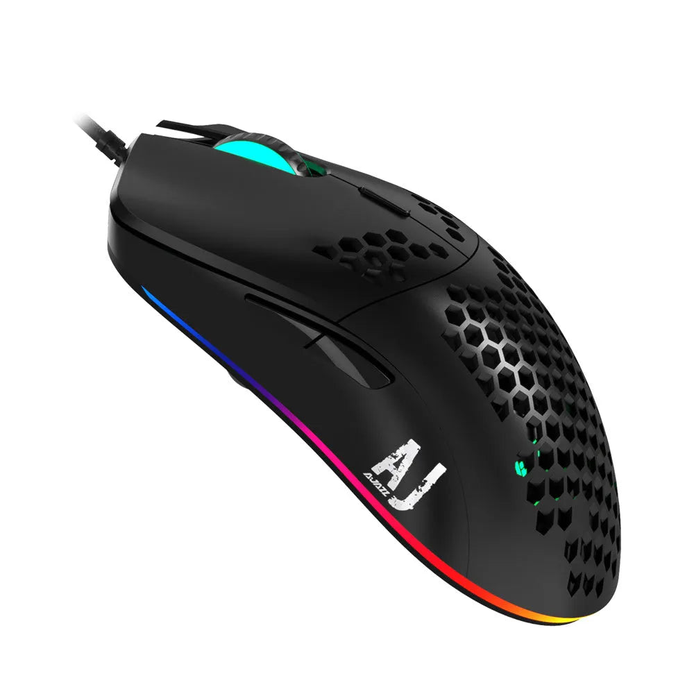 Lightweight hollow hole wired gaming mouse, white or black, with PAW3338 sensor and 1.7m cable.